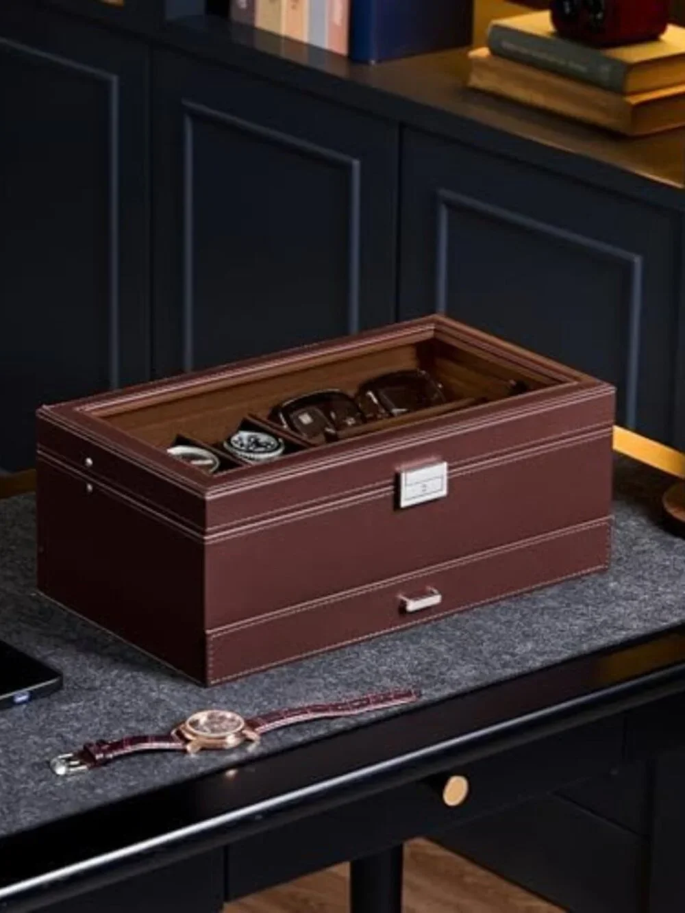Stylish Men's Jewelry Box - 6 Slot Watch Organizer & 3 Slot Sunglass Holder